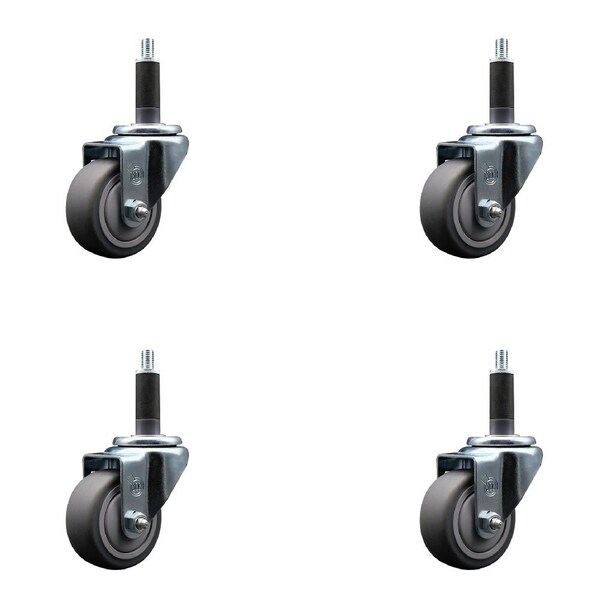 3'' SS Thermoplastic Rubber Wheel Swivel 1'' Expanding Stem Caster Set, 4PK